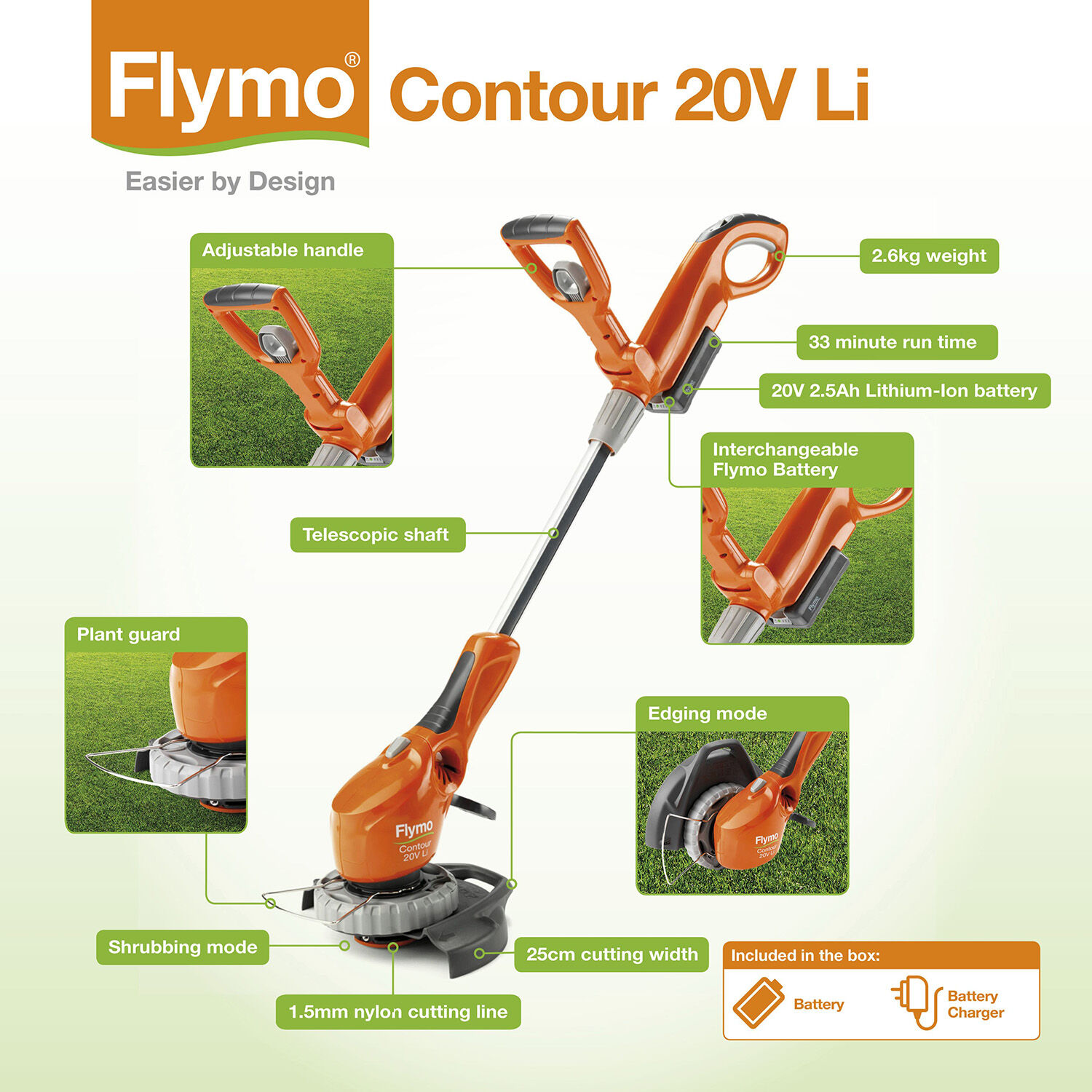 flymo contour cordless 20v li grass trimmer